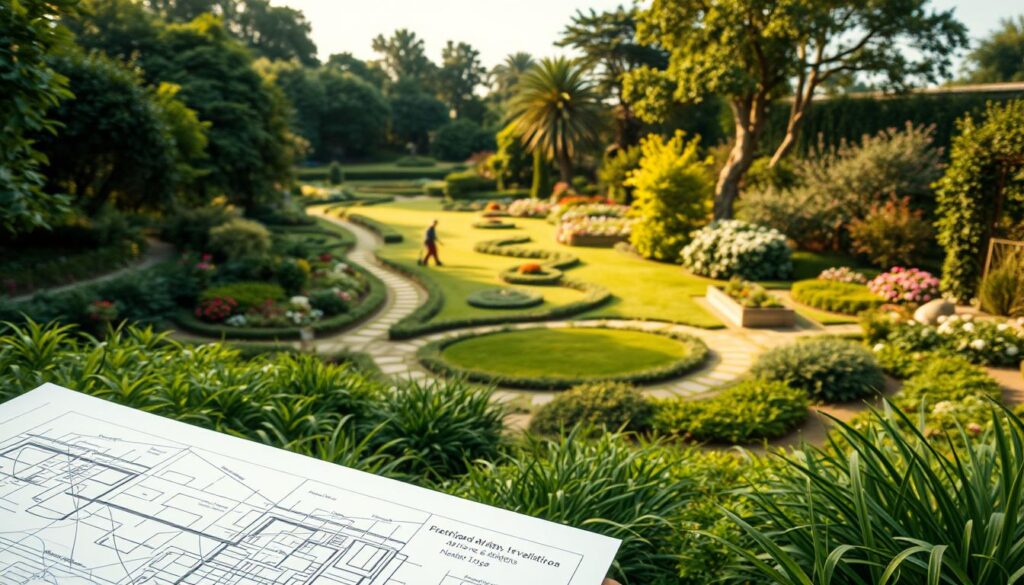A lush, verdant garden unfolds, its meandering paths guiding the viewer through a harmonious sequence of design stages. In the foreground, a blueprint or sketch showcases the initial planning phase, intricate lines and shapes mapping out the garden's layout. The middle ground reveals workers carefully shaping the land, sculpting slopes and constructing raised beds, bringing the designer's vision to life. In the background, mature trees and flourishing flora suggest the final, mature stage, where the completed garden thrives in natural splendor. Warm, diffused lighting casts a soft, inviting glow, conveying the serene atmosphere of a well-executed garden design process. A lush, verdant garden unfolds, its meandering paths guiding the viewer through a harmonious sequence of design stages. In the foreground, a blueprint or sketch showcases the initial planning phase, intricate lines and shapes mapping out the garden's layout. The middle ground reveals workers carefully shaping the land, sculpting slopes and constructing raised beds, bringing the designer's vision to life. In the background, mature trees and flourishing flora suggest the final, mature stage, where the completed garden thrives in natural splendor. Warm, diffused lighting casts a soft, inviting glow, conveying the serene atmosphere of a well-executed garden design process.