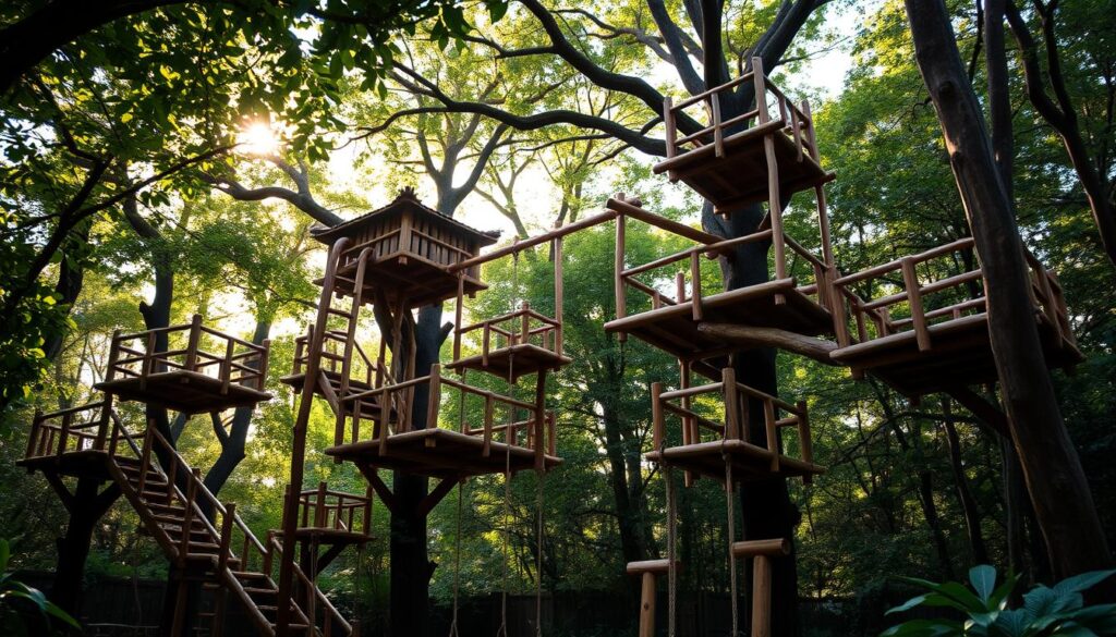 A lush, verdant jungle-like backyard setting with a sprawling, intricate playground structure made of sturdy, natural-looking wooden beams and ropes. The structure features a series of elevated platforms, ladders, and swinging bars that create a visually engaging and challenging play environment. Diffused, warm sunlight filters through the dense canopy of leafy trees, casting a soft, dappled glow over the scene. The overall atmosphere is one of whimsical adventure and outdoor exploration, perfectly capturing the spirit of a DIY "monkey grove" playground. A lush, verdant jungle-like backyard setting with a sprawling, intricate playground structure made of sturdy, natural-looking wooden beams and ropes. The structure features a series of elevated platforms, ladders, and swinging bars that create a visually engaging and challenging play environment. Diffused, warm sunlight filters through the dense canopy of leafy trees, casting a soft, dappled glow over the scene. The overall atmosphere is one of whimsical adventure and outdoor exploration, perfectly capturing the spirit of a DIY "monkey grove" playground.