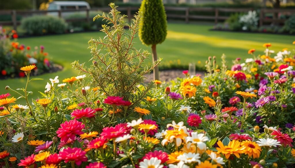 A lush, vibrant garden filled with a variety of seasonal plants and flowers. In the foreground, a well-tended flowerbed showcases a colorful array of blooms, their petals glistening in the warm, natural lighting. In the middle ground, a neatly pruned shrub and a small tree provide a sense of depth and structure, their leaves rustling gently in a light breeze. The background features a well-maintained lawn, bordered by a low, wooden fence, with a glimpse of a distant garden shed or structure. The overall scene conveys a sense of tranquility and the cyclical nature of seasonal gardening tasks.
