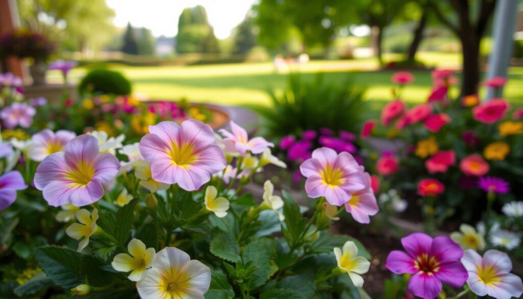 A lush, vibrant garden scene featuring an arrangement of decorative primrose (prymulki dekoracyjne) in the foreground. The primroses burst with a range of pastel hues, their delicate petals gently illuminated by warm, soft lighting from an overhead diffused source. The middle ground showcases a carefully curated selection of complementary garden plants and flowers, adding depth and texture to the composition. In the background, a picturesque vista of a neatly manicured lawn and trees, hinting at the serene, natural ambiance of the garden setting. The overall mood is one of tranquility, beauty, and the enchanting presence of these charming primrose blooms as a central decorative element.