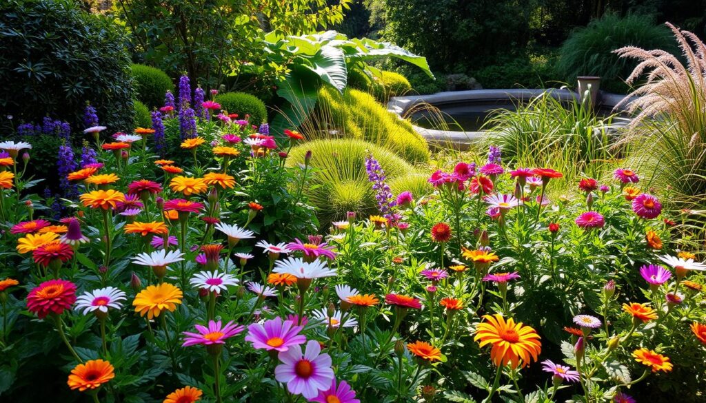 A lush, vibrant garden scene showcasing an assortment of carefully curated plants. In the foreground, a diverse array of blooming flowers in a spectrum of colors, their petals gently swaying in a soft, natural breeze. The middle ground features a mix of verdant foliage, with leafy shrubs and ornamental grasses creating a layered, textured landscape. In the background, a glimpse of a tranquil pond or water feature, reflecting the dappled sunlight that filters through the surrounding trees. The entire scene is bathed in a warm, golden glow, creating a serene and inviting atmosphere that evokes a sense of natural harmony and rejuvenation.