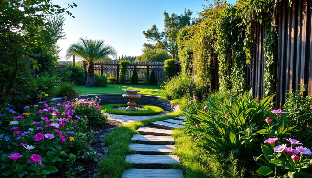 A lush, well-designed garden in the early morning light. In the foreground, a path of neatly laid stepping stones leads through a colorful bed of flowering plants, their petals gently swaying in a soft breeze. In the middle ground, a small water feature, its surface reflecting the azure sky above. Bordering the scene, a low stone wall is draped with cascading vines, creating a sense of enchantment. In the background, a wooden fence frames the view, its weathered planks complementing the natural tones of the foliage. The overall atmosphere is one of peaceful tranquility, inviting the viewer to step into this harmonious outdoor oasis.