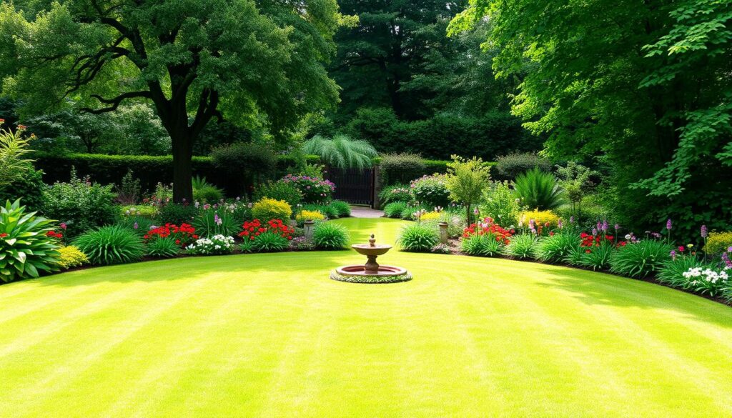 A lush, well-designed garden with a harmonious layout and thoughtful plant selection. In the foreground, a neatly trimmed lawn leads the eye towards a central focal point, such as a decorative water feature or a quaint garden path. The middle ground showcases vibrant flower beds in a variety of colors, strategically placed to create visual interest. In the background, a mix of mature trees and shrubs provide a natural, secluded atmosphere, with dappled sunlight filtering through the foliage. The overall scene conveys a sense of tranquility and careful planning, inviting the viewer to imagine themselves strolling through this meticulously curated outdoor oasis.