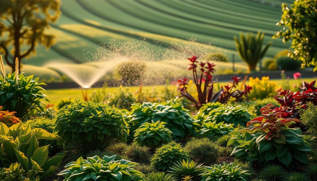 A lush, well-designed garden with a meticulously planned irrigation system. The foreground showcases a variety of vibrant, healthy plants arranged in an aesthetically pleasing layout. The middle ground features a discreetly integrated sprinkler system, delivering water efficiently to the roots. In the background, a serene, verdant landscape with gently undulating terrain, creating a harmonious and naturalistic setting. Warm, soft lighting filters through the foliage, casting gentle shadows and highlights that accentuate the organic textures. The overall composition conveys a sense of balance, functionality, and horticultural expertise, perfectly suited to illustrate the process of designing a professional garden irrigation system.