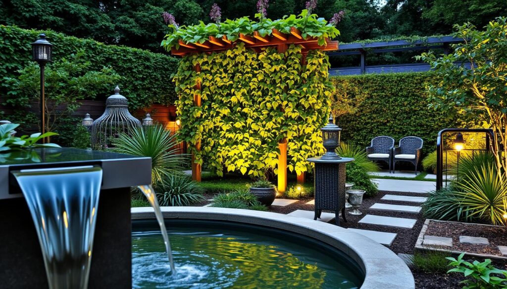 A lush, well-designed garden with a variety of thoughtfully integrated installations. In the foreground, a modern, minimalist water feature with a cascading flow creates a soothing ambiance. The middle ground showcases a sculptural trellis supporting verdant climbing vines, casting dappled shadows. In the background, a discreet lighting system illuminates a secluded seating area, inviting visitors to pause and admire the harmonious blend of nature and man-made elements. The overall scene exudes a sense of tranquility and balance, reflecting the principles of good garden design.