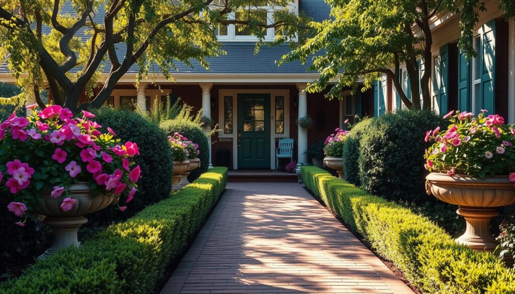 A lush, well-manicured garden leading up to the inviting entrance of a charming, traditional-style home. Neatly trimmed hedges line the brick pathway, accented by colorful blooming flowers in vibrant hues. Elegant stone planters overflow with cascading greenery, casting soft shadows under the warm, golden sunlight filtering through swaying trees. Delicate flower petals drift lazily in the gentle breeze, creating a serene, picturesque scene that welcomes visitors and residents alike. The harmonious blend of natural elements and carefully curated landscaping evokes a sense of tranquility and thoughtful design.