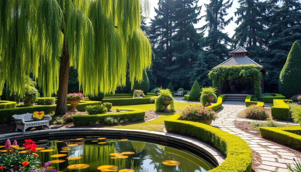 A lush, well-manicured garden with a mix of vibrant flowers, neatly trimmed hedges, and a winding stone path. In the foreground, a tranquil koi pond reflects the dappled sunlight filtering through the canopy of a stately weeping willow tree. Arranged throughout the middle ground are elegant stone benches and ornamental planters overflowing with cascading vines. The background features a charming, rustic gazebo framed by towering evergreen trees, conveying a sense of serene seclusion. The overall scene exudes a harmonious blend of natural and architectural elements, creating a visually captivating and inspirational garden oasis.