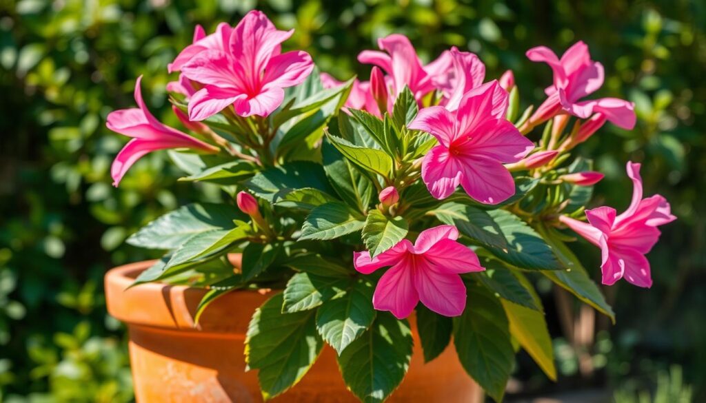 A lush, well-tended oleander plant in a classic terracotta pot, situated in a warm, sunlit garden setting. The oleander's vibrant pink blooms command attention, their petals softly illuminated by the gentle, diffused lighting. The plant's thick, waxy leaves cast intricate shadows on the pot's weathered surface. In the background, a verdant tapestry of surrounding foliage provides a natural, serene backdrop, hinting at the ideal overwintering conditions for this Mediterranean shrub. The overall composition conveys a sense of tranquility and the careful cultivation required to successfully winter an oleander plant outdoors.