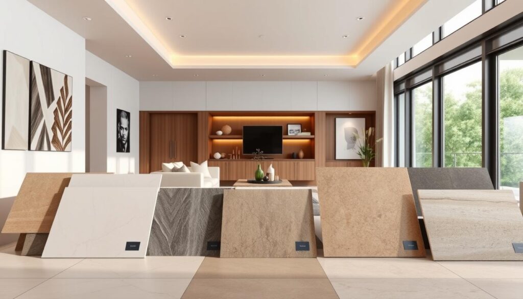 A modern and stylish living room showcasing the latest 2025 tile trends. In the foreground, a display of diverse, high-quality tiles in neutral tones and natural textures, such as matte ceramic, sleek porcelain, and smooth natural stone. The middle ground features a well-appointed living space with minimalist furniture, warm lighting, and subtle decorative accents that complement the tile selection. In the background, large windows let in abundant natural light, creating a bright and airy atmosphere. The overall composition conveys a sense of timeless elegance, functionality, and the latest design innovations in the world of premium residential flooring and wall tiles.