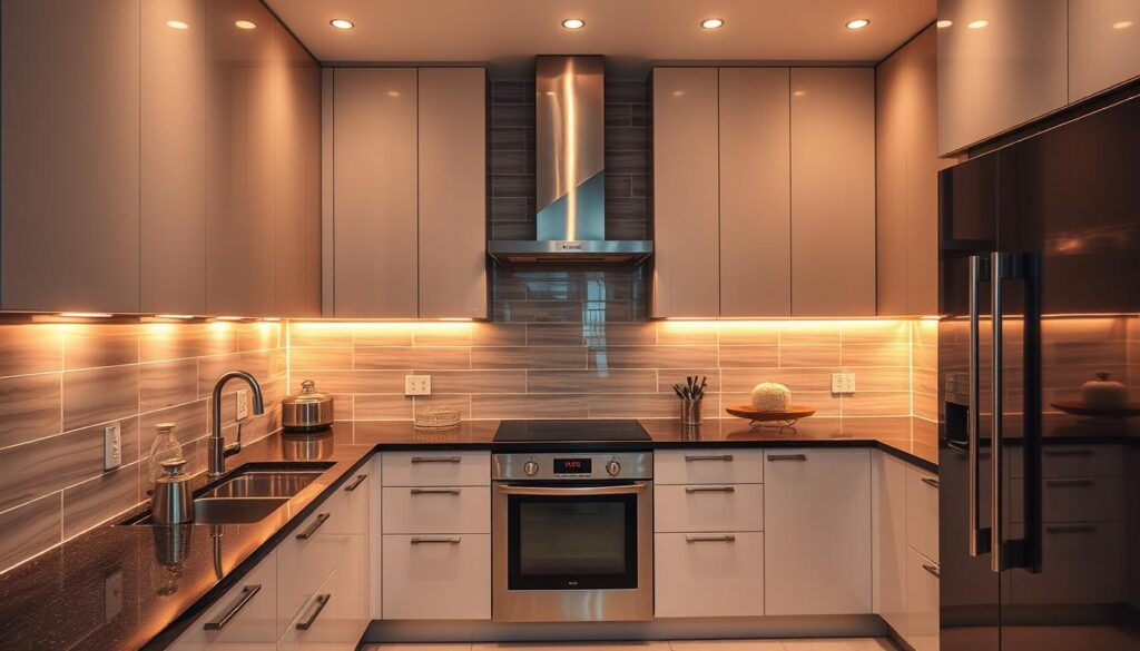 A modern kitchen with sleek, tile-like panels covering the walls. The panels have a glossy, uniform finish, reflecting the warm, recessed lighting that casts a soft glow throughout the space. The kitchen features clean lines, minimalist cabinets, and stainless steel appliances, creating a cohesive, high-end aesthetic. The panels seamlessly integrate with the overall design, providing a practical and visually appealing alternative to traditional ceramic tiles. The scene conveys a sense of sophistication, functionality, and the appeal of this innovative kitchen solution.