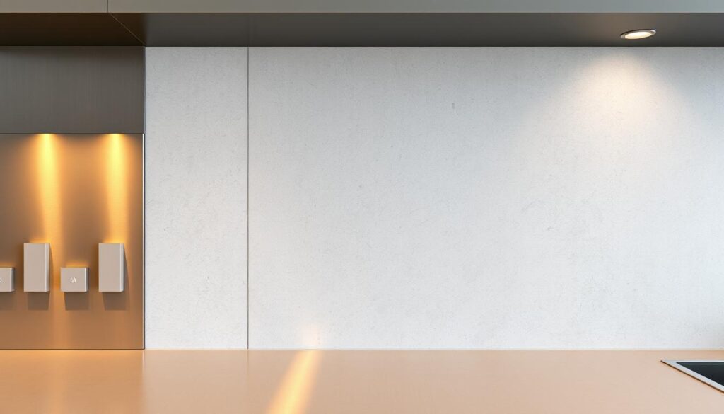 A modern, minimalist kitchen backsplash featuring a variety of alternative materials to traditional ceramic tiles. In the foreground, sleek panels of brushed stainless steel reflect the warm task lighting, creating a clean, industrial aesthetic. In the middle ground, smooth, honed granite slabs in a soft gray tone lend an elegant, natural touch. In the background, a textured, concrete-like surface adds depth and visual interest, complementing the overall modern, sophisticated vibe. The lighting is soft and even, highlighting the unique textures and materials. The overall composition emphasizes the beauty and versatility of non-traditional kitchen backsplash solutions.