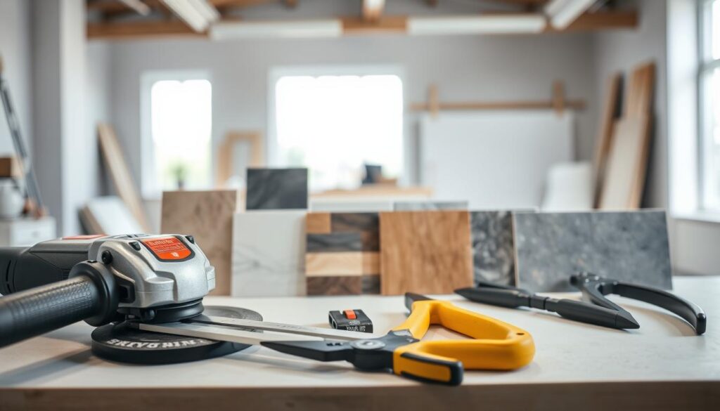 A neatly arranged array of tile cutting tools on a clean, well-lit workbench. In the foreground, a high-quality angle grinder with a diamond blade sits alongside a sharp tile scorer and a set of robust tile nippers. In the middle ground, a selection of ceramic and porcelain tiles in various sizes and finishes provide a visual reference. The background is softly blurred, suggesting a spacious, professional workshop setting with minimalist decor and ample natural lighting filtering in through large windows. The overall scene conveys a sense of precision, craftsmanship, and attention to detail, perfectly suited for illustrating the section on cutting tiles without damage.