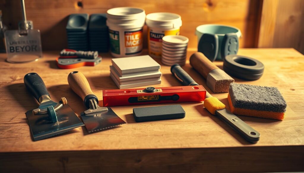 A neatly arranged collection of essential tiling tools on a wooden workbench, illuminated by warm, directional lighting. In the foreground, a trowel, tile cutter, and spirit level. In the middle ground, a rubber mallet, grout float, and grouting sponge. In the background, a stack of tile spacers, a bucket of adhesive, and a pair of knee pads. The tools are clean, well-maintained, and convey a sense of professionalism and expertise. The overall scene evokes a workspace dedicated to the careful and precise installation of 60x60 floor tiles. A neatly arranged collection of essential tiling tools on a wooden workbench, illuminated by warm, directional lighting. In the foreground, a trowel, tile cutter, and spirit level. In the middle ground, a rubber mallet, grout float, and grouting sponge. In the background, a stack of tile spacers, a bucket of adhesive, and a pair of knee pads. The tools are clean, well-maintained, and convey a sense of professionalism and expertise. The overall scene evokes a workspace dedicated to the careful and precise installation of 60x60 floor tiles.