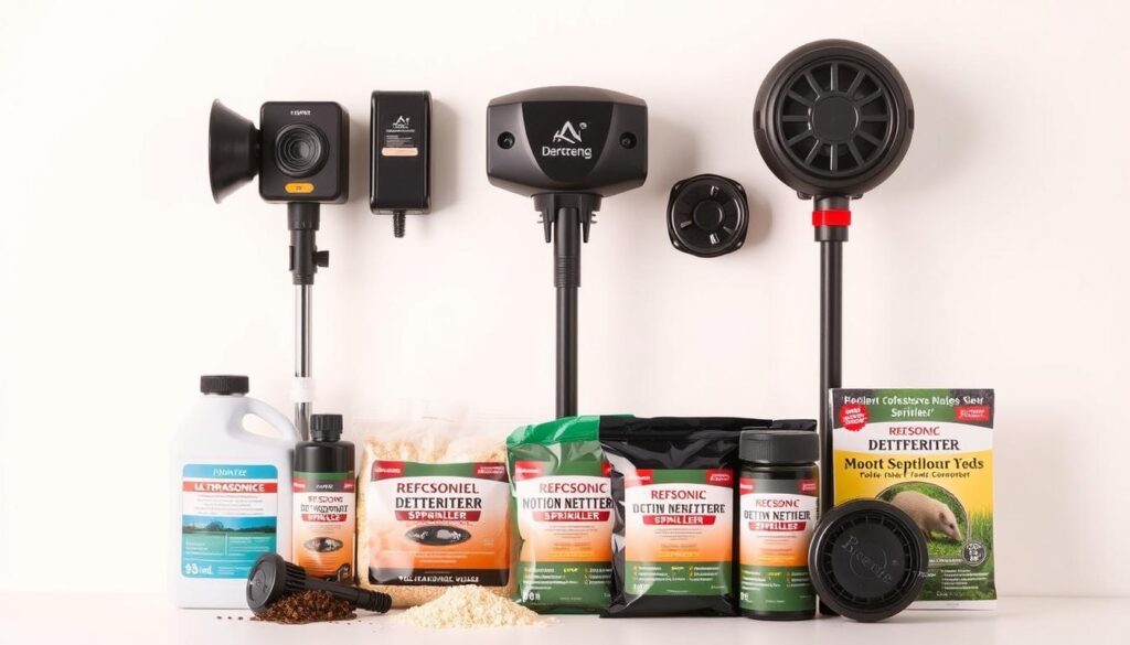 A neatly arranged display of various professional-grade rodent deterrents, including ultrasonic devices, motion-activated sprinklers, and granular repellents, set against a clean, minimalist background. The items are bathed in warm, directional lighting that emphasizes their design and functionality. The composition suggests a sense of authority and expertise, reflecting the professional-level solutions for effectively and humanely removing moles and voles from the garden.