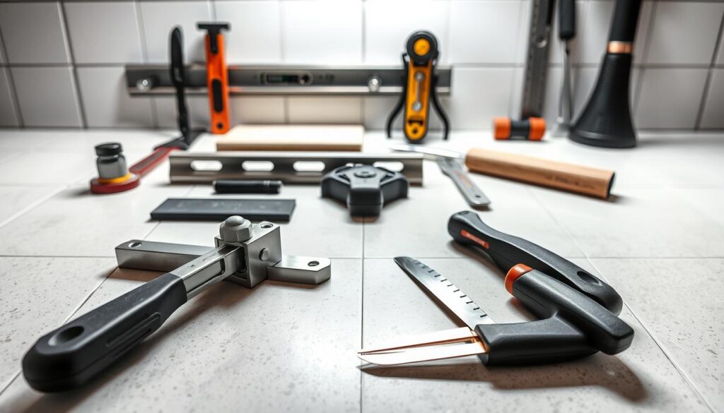 A neatly organized array of tiling tools on a clean, well-lit workbench. In the foreground, a sturdy tile cutter and a set of precision knives glisten under soft, diffused lighting. In the middle ground, a grout float, a tile spacer, and a leveling system stand ready. In the background, a trowel, a spirit level, and a rubber mallet complete the essential toolkit for expertly laying 60x60 tiles. The scene conveys a sense of professional craftsmanship and attention to detail, suitable for illustrating the "Narzędzia do kafelkowania - co jeszcze warto mieć?" section. A neatly organized array of tiling tools on a clean, well-lit workbench. In the foreground, a sturdy tile cutter and a set of precision knives glisten under soft, diffused lighting. In the middle ground, a grout float, a tile spacer, and a leveling system stand ready. In the background, a trowel, a spirit level, and a rubber mallet complete the essential toolkit for expertly laying 60x60 tiles. The scene conveys a sense of professional craftsmanship and attention to detail, suitable for illustrating the "Narzędzia do kafelkowania - co jeszcze warto mieć?" section.