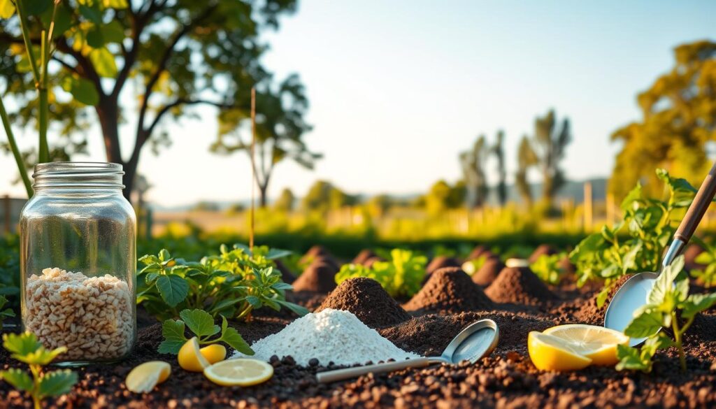 A neatly organized vegetable garden, the foreground showcasing various natural pest control methods for ants - a jar filled with a sugar-based bait, a line of diatomaceous earth, and some lemon peels strategically placed. The middle ground features a cluster of ant hills, with a magnifying glass and a small shovel hinting at more hands-on techniques. The background depicts a serene, lush landscape, with towering trees and a clear blue sky, conveying a sense of balance and harmony. Warm, soft lighting illuminates the scene, creating a visually appealing and informative composition that effectively illustrates the "Effective ways to deal with ants" section of the article.