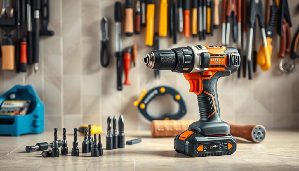 A neatly organized workbench showcases an assortment of high-quality power tools and drilling accessories for working with tiles. In the foreground, a cordless hammer drill with various masonry bits stands ready. In the middle ground, a tile cutter, a grout float, and a rubber mallet create a sense of a dedicated tile installation toolkit. The background features a wall-mounted tool storage system holding an array of screwdrivers, pliers, and other essential tools. The lighting is soft and natural, casting subtle shadows that accentuate the textures and surfaces of the tools. The overall mood is one of professionalism and attention to detail, reflecting the care and precision required when drilling into delicate tile surfaces.