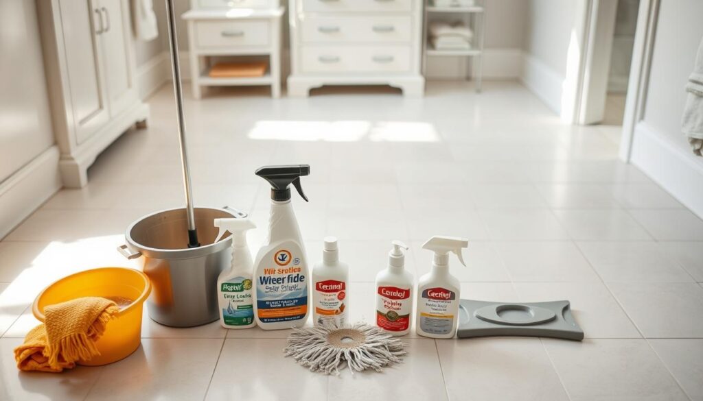 A pristine, well-lit bathroom setting with a focus on the matte tile flooring. The tiles are arranged in a clean, geometric pattern, with a slight sheen that suggests a recently cleaned surface. The lighting is soft and diffused, creating a warm, inviting atmosphere. In the foreground, a variety of cleaning tools and products are displayed, including a bucket, mop, and specialized tile cleaners, conveying the idea of effective and thorough cleaning methods. The background features minimalist decor, such as a white vanity or shelving, emphasizing the attention on the matte tiles and the cleaning process. A pristine, well-lit bathroom setting with a focus on the matte tile flooring. The tiles are arranged in a clean, geometric pattern, with a slight sheen that suggests a recently cleaned surface. The lighting is soft and diffused, creating a warm, inviting atmosphere. In the foreground, a variety of cleaning tools and products are displayed, including a bucket, mop, and specialized tile cleaners, conveying the idea of effective and thorough cleaning methods. The background features minimalist decor, such as a white vanity or shelving, emphasizing the attention on the matte tiles and the cleaning process.