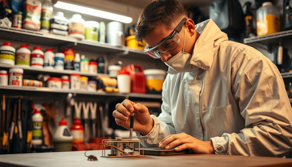 A professional exterminator in a white hazmat suit and goggles, carefully inspecting a mouse trap in a well-organized garage filled with pest control tools and supplies. The scene is illuminated by warm, focused lighting, showcasing the expert's meticulous attention to detail as he evaluates the trap's effectiveness. In the background, shelves display an array of baits, poisons, and other specialized equipment, reflecting the comprehensive nature of professional rodent management methods. An atmosphere of precision and control pervades the image, conveying the expertise required to effectively eliminate a rodent infestation.