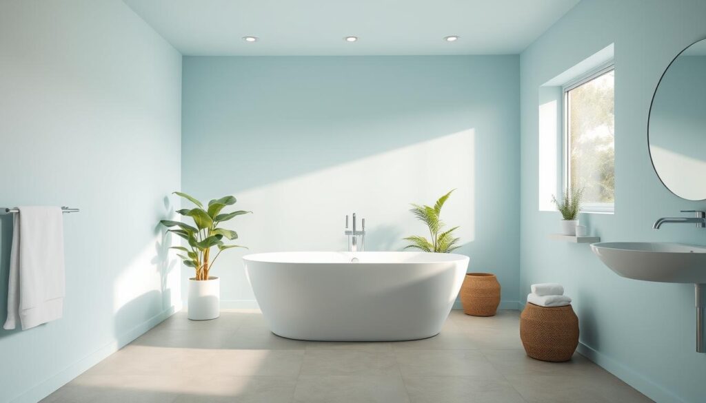 A serene bathroom interior with a minimalist, modern design. The walls are covered in a soothing pastel blue paint, creating a calming and refreshing atmosphere. The lighting is soft and diffused, gently illuminating the space. The floor is tiled in neutral-toned natural stone, complementing the muted color palette. A sleek, freestanding bathtub takes center stage, surrounded by minimalist fixtures and accents. Lush, verdant plants add a touch of nature, while large windows allow natural light to pour in, enhancing the sense of openness and tranquility. The overall composition exudes a spa-like ambiance, perfect for a relaxing and rejuvenating bathroom experience. A serene bathroom interior with a minimalist, modern design. The walls are covered in a soothing pastel blue paint, creating a calming and refreshing atmosphere. The lighting is soft and diffused, gently illuminating the space. The floor is tiled in neutral-toned natural stone, complementing the muted color palette. A sleek, freestanding bathtub takes center stage, surrounded by minimalist fixtures and accents. Lush, verdant plants add a touch of nature, while large windows allow natural light to pour in, enhancing the sense of openness and tranquility. The overall composition exudes a spa-like ambiance, perfect for a relaxing and rejuvenating bathroom experience.
