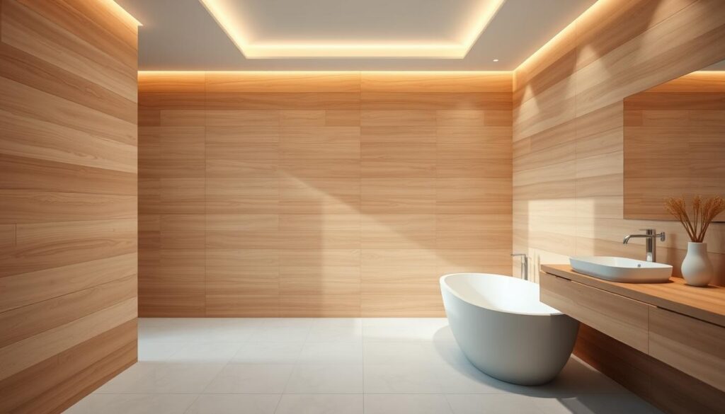 A serene bathroom interior with a soothing wooden accent wall, casting a warm, natural glow. The wooden panels, arranged in a clean, horizontal pattern, create a visually striking contrast against the minimalist, light-colored tiles or stone flooring. Soft, diffused lighting from recessed ceiling fixtures and a freestanding bathtub or vanity unit with a wooden countertop complete the tranquil, spa-like atmosphere. The overall composition emphasizes the organic beauty of the wood, seamlessly blending with the modern, high-end fixtures and fittings to craft a harmonious, contemporary bathroom design. A serene bathroom interior with a soothing wooden accent wall, casting a warm, natural glow. The wooden panels, arranged in a clean, horizontal pattern, create a visually striking contrast against the minimalist, light-colored tiles or stone flooring. Soft, diffused lighting from recessed ceiling fixtures and a freestanding bathtub or vanity unit with a wooden countertop complete the tranquil, spa-like atmosphere. The overall composition emphasizes the organic beauty of the wood, seamlessly blending with the modern, high-end fixtures and fittings to craft a harmonious, contemporary bathroom design.