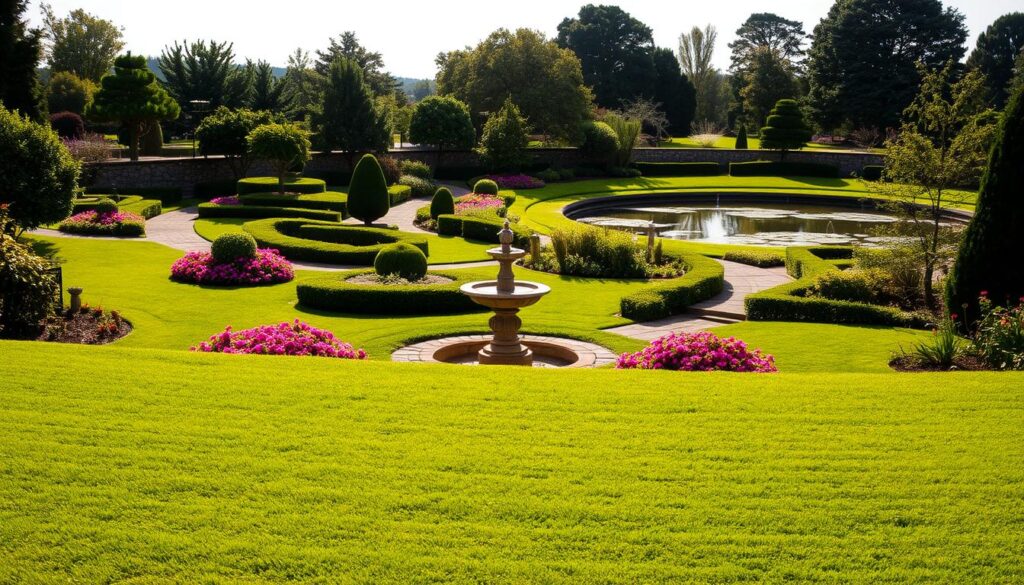 A serene garden landscape with a harmonious design. In the foreground, a lush, well-manicured lawn leads the eye to a central feature - a graceful stone fountain surrounded by vibrant flower beds in a soft color palette. Meandering pathways wind through the middle ground, inviting exploration, with carefully placed shrubs and trees creating a sense of depth and enclosure. In the background, a low stone wall frames the scene, and a tranquil pond reflects the sky above, creating a calming, contemplative atmosphere. The lighting is soft and natural, casting gentle shadows and highlights that accentuate the garden's textures and forms. An image that captures the essence of thoughtful, sustainable garden design in harmony with its surroundings.