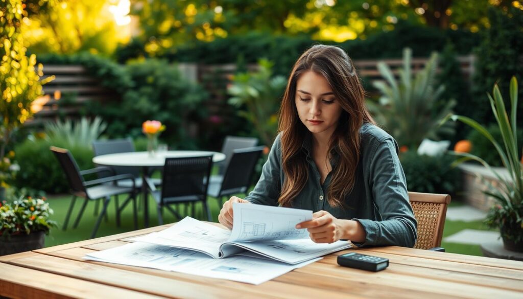 A serene garden oasis in warm afternoon light, with neatly arranged garden furniture and lush greenery in the background. A young woman sits at a wooden table, studying landscaping plans and design sketches, her expression pensive as she calculates the estimated costs of the project. The scene conveys the thoughtful process of garden design, where budgets and aesthetics harmonize to create an inviting outdoor space. A serene garden oasis in warm afternoon light, with neatly arranged garden furniture and lush greenery in the background. A young woman sits at a wooden table, studying landscaping plans and design sketches, her expression pensive as she calculates the estimated costs of the project. The scene conveys the thoughtful process of garden design, where budgets and aesthetics harmonize to create an inviting outdoor space.