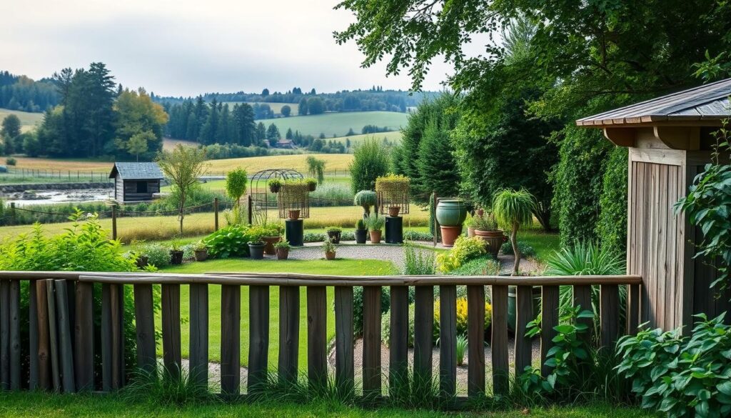 A serene garden oasis, with a well-crafted masking structure concealing an unsightly septic tank. The foreground features a rustic wooden fence or screen, weathered yet sturdy, blending seamlessly with the lush greenery. In the middle ground, a harmonious arrangement of potted plants, trellises, and decorative elements create a visually appealing camouflage. The background showcases a tranquil landscape, perhaps with a gently flowing stream or a picturesque shed, all bathed in soft, diffused natural lighting that casts warm, subtle shadows. The overall scene conveys a sense of elegance, functionality, and environmental integration, perfectly capturing the essence of "Materiał i styl w maskowaniu szamba." A serene garden oasis, with a well-crafted masking structure concealing an unsightly septic tank. The foreground features a rustic wooden fence or screen, weathered yet sturdy, blending seamlessly with the lush greenery. In the middle ground, a harmonious arrangement of potted plants, trellises, and decorative elements create a visually appealing camouflage. The background showcases a tranquil landscape, perhaps with a gently flowing stream or a picturesque shed, all bathed in soft, diffused natural lighting that casts warm, subtle shadows. The overall scene conveys a sense of elegance, functionality, and environmental integration, perfectly capturing the essence of "Materiał i styl w maskowaniu szamba."