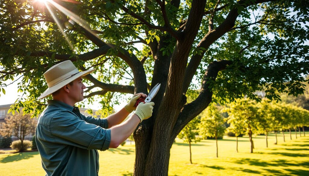 A serene garden scene with a gardener carefully pruning the branches of a lush, mature oak tree. The gardener, wearing a wide-brimmed hat and gardening gloves, stands focused and intent, wielding sharp pruning shears to shape the tree's canopy. Dappled sunlight filters through the leaves, casting warm, golden tones across the scene. In the background, a well-tended lawn and a row of other trees in various stages of growth create a tranquil, verdant setting. The image conveys the importance of proper tree maintenance and the sense of care and attention required to keep a garden's trees healthy and thriving.