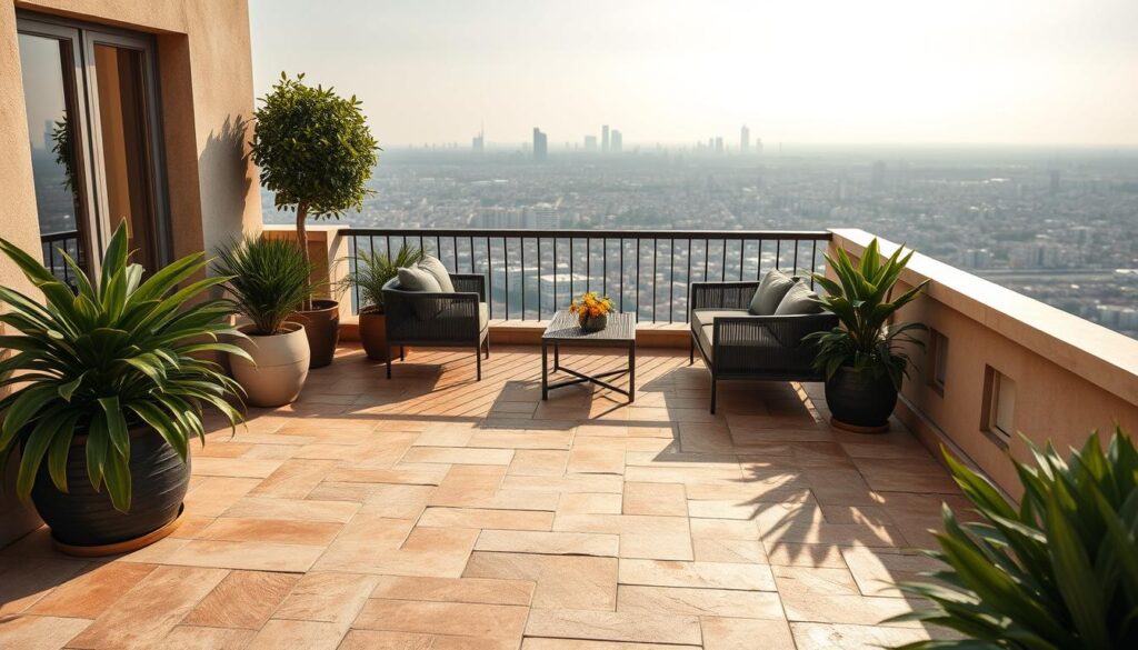 A serene natural stone patio on a sun-drenched balcony, the warm-toned limestone tiles arranged in a herringbone pattern, their weathered texture catching the soft light. Lush potted plants and a stylish outdoor furniture set create a luxurious yet inviting ambiance. The balustrade in the background frames a breathtaking cityscape, hinting at the tranquility and exclusivity of this elevated urban oasis. Soft shadows and subtle highlights accentuate the depth and dimensionality of the scene, captured with a wide-angle lens to convey a sense of spaciousness and elegant simplicity.