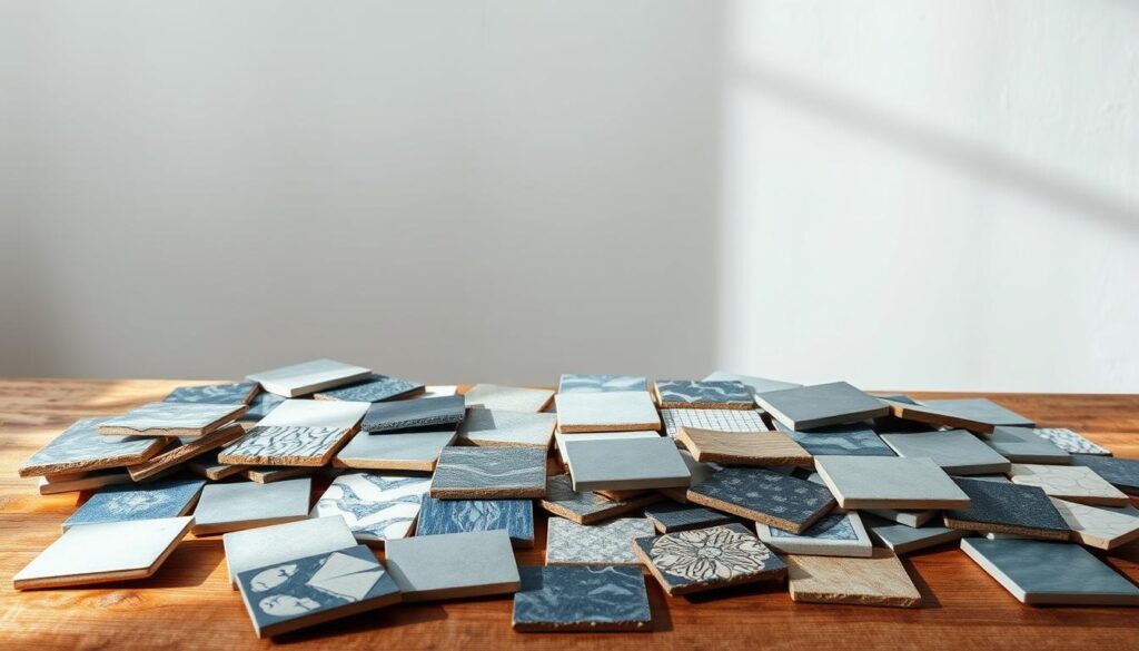 A serene, well-lit studio setting with a collection of discarded ceramic tiles arranged on a wooden table. The tiles, in various shades of blue, gray, and white, are placed in an organized, yet visually interesting pattern. Soft, diffused lighting from above casts gentle shadows, highlighting the textural details and unique patterns of each tile. The background is a clean, neutral-toned wall, allowing the ceramics to be the focal point. The overall atmosphere conveys the importance of proper ceramic tile disposal and the need for sustainable waste management practices. A serene, well-lit studio setting with a collection of discarded ceramic tiles arranged on a wooden table. The tiles, in various shades of blue, gray, and white, are placed in an organized, yet visually interesting pattern. Soft, diffused lighting from above casts gentle shadows, highlighting the textural details and unique patterns of each tile. The background is a clean, neutral-toned wall, allowing the ceramics to be the focal point. The overall atmosphere conveys the importance of proper ceramic tile disposal and the need for sustainable waste management practices.