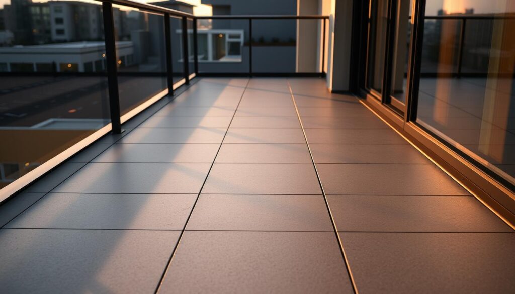 A sleek, modern balcony with a smooth, non-slip tile surface underfoot. The tiles have a subtle texture that provides excellent traction, ensuring a secure, steady stride even in wet conditions. Warm, diffused lighting bathes the space, casting a welcoming glow. The tiles extend seamlessly from the balcony's edge, their matte finish complementing the surrounding architecture. Shadows play across the surface, highlighting the tiles' durable construction and precise installation. An inviting, safe haven for relaxation and outdoor enjoyment.