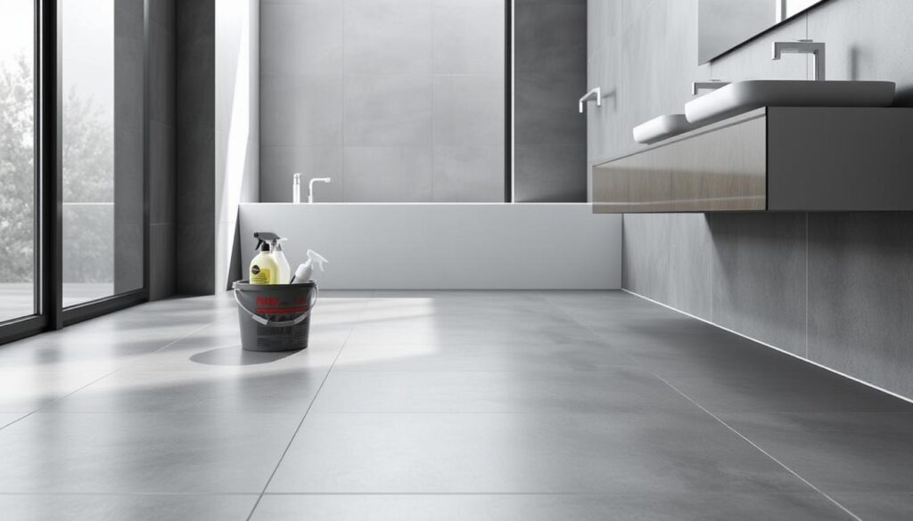 A sleek, modern bathroom with matte gray ceramic tiles covering the floor and walls. The tiles reflect a soft, diffused lighting, creating a subtle sheen. In the foreground, a bucket and cleaning supplies sit neatly on the counter, conveying a sense of care and attention to maintaining the tiles. The background features a large window, allowing natural light to flood the space and accentuate the matte texture of the tiles. The overall atmosphere is one of sophistication and cleanliness, inviting the viewer to consider the best practices for daily care of these elegant, low-sheen tiles. A sleek, modern bathroom with matte gray ceramic tiles covering the floor and walls. The tiles reflect a soft, diffused lighting, creating a subtle sheen. In the foreground, a bucket and cleaning supplies sit neatly on the counter, conveying a sense of care and attention to maintaining the tiles. The background features a large window, allowing natural light to flood the space and accentuate the matte texture of the tiles. The overall atmosphere is one of sophistication and cleanliness, inviting the viewer to consider the best practices for daily care of these elegant, low-sheen tiles.