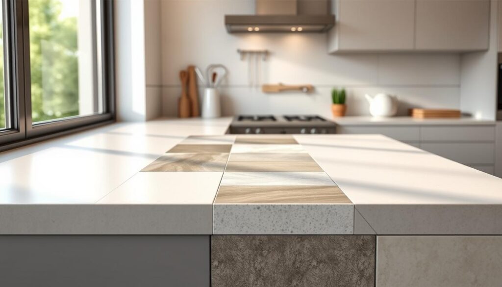 A sleek, modern kitchen countertop showcasing a variety of ceramic tiles in varying textures and finishes. The tiles are arranged in a visually appealing pattern, with smooth, glossy tiles contrasting against matte, textured ones. Soft, natural lighting from a large window casts a warm glow over the scene, highlighting the subtle sheen and depth of the ceramic materials. The tiles are positioned to showcase their versatility as a durable, aesthetically-pleasing finishing option for a kitchen cocoling, with a focus on their practical and stylistic benefits.