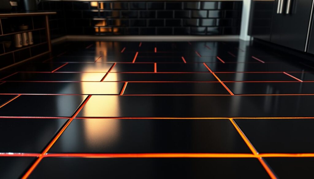 A sleek, modern kitchen showcases a striking contrast between glossy black tiles and a vibrant, colorful grout. The tiles reflect soft, warm lighting, casting dramatic shadows that accentuate their depth and texture. In the foreground, the grout lines weave a mesmerizing pattern, the hue a bold, saturated tone that commands attention. The middle ground reveals the seamless integration of the tiles, their edges precisely aligned, creating a sense of geometric harmony. In the background, subtle hints of the surrounding environment, perhaps a neutral wall or minimalist cabinetry, provide a balanced backdrop, allowing the vibrant grout to take center stage. The overall composition exudes a contemporary, sophisticated atmosphere, perfectly encapsulating the interplay between color, contrast, and the allure of black tiles. A sleek, modern kitchen showcases a striking contrast between glossy black tiles and a vibrant, colorful grout. The tiles reflect soft, warm lighting, casting dramatic shadows that accentuate their depth and texture. In the foreground, the grout lines weave a mesmerizing pattern, the hue a bold, saturated tone that commands attention. The middle ground reveals the seamless integration of the tiles, their edges precisely aligned, creating a sense of geometric harmony. In the background, subtle hints of the surrounding environment, perhaps a neutral wall or minimalist cabinetry, provide a balanced backdrop, allowing the vibrant grout to take center stage. The overall composition exudes a contemporary, sophisticated atmosphere, perfectly encapsulating the interplay between color, contrast, and the allure of black tiles.