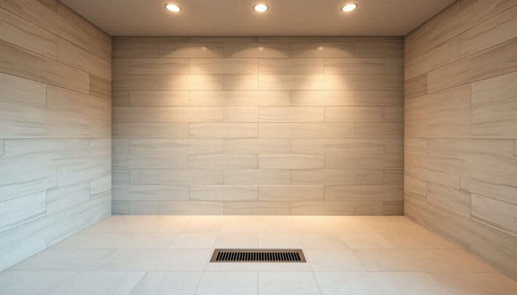 A spacious bathroom interior with a modern linear drain shower setup. The shower area features a clean, minimalist design with large format ceramic tiles covering the floor and walls. The tiles are laid in a staggered pattern, creating a visually appealing and seamless appearance. Soft, diffused lighting from recessed ceiling fixtures gently illuminates the space, casting a warm, relaxing ambiance. The linear drain is neatly integrated into the tile layout, ensuring a sleek and unobtrusive drainage solution. The overall scene conveys a sense of contemporary elegance and attention to detail in the tiling installation process. A spacious bathroom interior with a modern linear drain shower setup. The shower area features a clean, minimalist design with large format ceramic tiles covering the floor and walls. The tiles are laid in a staggered pattern, creating a visually appealing and seamless appearance. Soft, diffused lighting from recessed ceiling fixtures gently illuminates the space, casting a warm, relaxing ambiance. The linear drain is neatly integrated into the tile layout, ensuring a sleek and unobtrusive drainage solution. The overall scene conveys a sense of contemporary elegance and attention to detail in the tiling installation process.