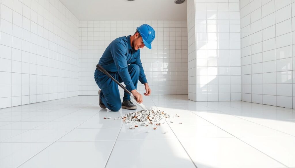 A spacious bathroom interior with sleek white ceramic tiles covering the floor and walls. The tiles are arranged in a clean, geometric pattern, reflecting the overhead lighting fixtures. In the center of the frame, a worker in a blue uniform and hard hat is kneeling down, carefully chipping away at the tiles with a heavy-duty tile scraper, creating a small pile of tile fragments at his feet. The room has a minimalist, utilitarian aesthetic, with a sense of precision and attention to detail. The lighting is bright and even, casting sharp shadows and highlights across the surfaces. The overall scene conveys the process of tile removal, with a focus on the physical labor and cost involved. A spacious bathroom interior with sleek white ceramic tiles covering the floor and walls. The tiles are arranged in a clean, geometric pattern, reflecting the overhead lighting fixtures. In the center of the frame, a worker in a blue uniform and hard hat is kneeling down, carefully chipping away at the tiles with a heavy-duty tile scraper, creating a small pile of tile fragments at his feet. The room has a minimalist, utilitarian aesthetic, with a sense of precision and attention to detail. The lighting is bright and even, casting sharp shadows and highlights across the surfaces. The overall scene conveys the process of tile removal, with a focus on the physical labor and cost involved.
