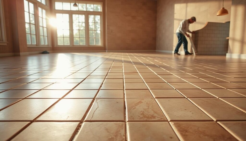 A spacious tile-floored room, sunlight streaming through large windows, casting a warm glow. In the foreground, a series of improperly installed tiles - uneven spacing, crooked edges, and unsightly gaps. The middle ground showcases a well-laid pattern, each tile perfectly aligned and grouted. In the background, a skilled tiler applies adhesive to a new tile, preparing to lay it with precision. The scene conveys the contrast between common mistakes and the techniques required for a flawless tile installation, guiding the viewer through the do's and don'ts of the process. A spacious tile-floored room, sunlight streaming through large windows, casting a warm glow. In the foreground, a series of improperly installed tiles - uneven spacing, crooked edges, and unsightly gaps. The middle ground showcases a well-laid pattern, each tile perfectly aligned and grouted. In the background, a skilled tiler applies adhesive to a new tile, preparing to lay it with precision. The scene conveys the contrast between common mistakes and the techniques required for a flawless tile installation, guiding the viewer through the do's and don'ts of the process.