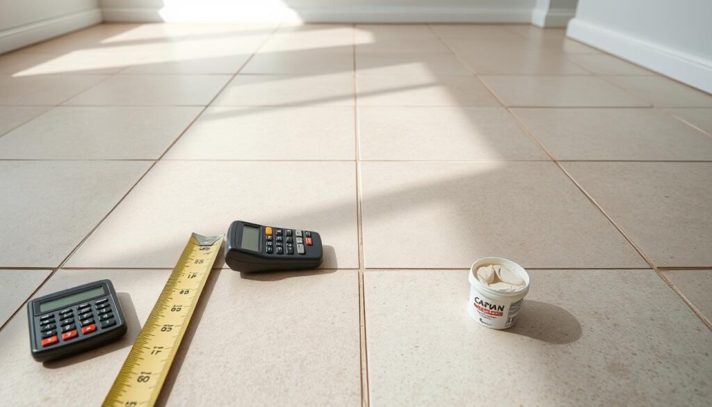 A spacious tiled floor with a close-up view of the joints between the tiles, showcasing the process of calculating the required amount of grout. The scene is illuminated by natural light, casting soft shadows and highlighting the texture of the tiles. The foreground features a tape measure, calculator, and a small container of grout, representing the tools used to determine the necessary quantity. The middle ground showcases the pattern and layout of the tiles, while the background fades into a clean, minimalist setting, allowing the focus to remain on the task at hand. The overall atmosphere conveys a sense of precision, attention to detail, and the methodical nature of the grouting process.