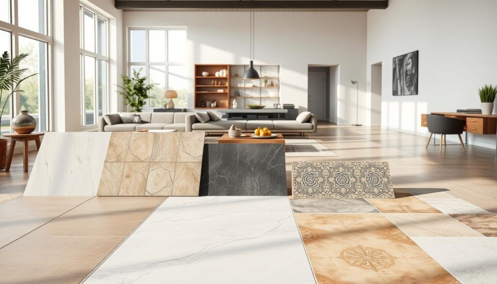 A stylish and inviting living room showcasing a diverse selection of tiles. In the foreground, various tile patterns and textures are displayed, including sleek, matte tiles in neutral tones, elegant marble-effect tiles, and patterned ceramic tiles in warm earth-toned hues. The middle ground features a well-lit, open-concept living space with natural light streaming in through large windows, casting a warm glow on the tiles. In the background, a minimalist, contemporary interior design with clean lines and a neutral color palette provides a cohesive and harmonious setting for the tile display. The overall scene conveys a sense of sophistication, functionality, and design versatility, highlighting the wide range of options available for choosing the perfect tiles for a modern salon.