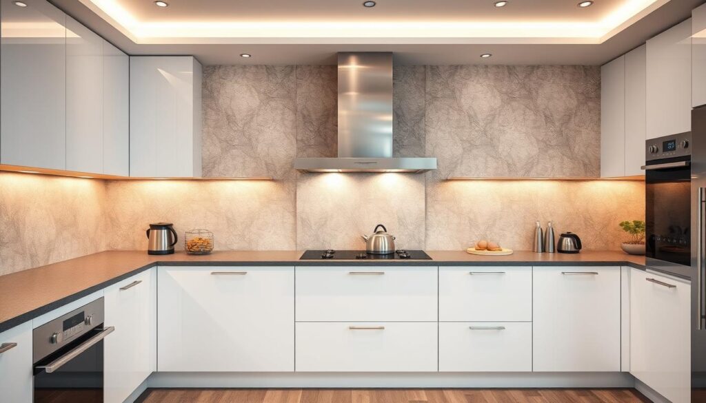 A stylish kitchen with sleek, contemporary vinyl wallpapers adorning the walls between the cabinets. The wallpapers feature a minimalist, geometric pattern in a muted color palette, creating a striking visual contrast against the clean, white cabinetry. Warm, diffused lighting from above casts a soft, inviting glow, highlighting the textural quality of the vinyl surface. The overall atmosphere is one of modern sophistication, where the wallpapers serve as a bold, yet visually harmonious, alternative to traditional tile backsplashes.