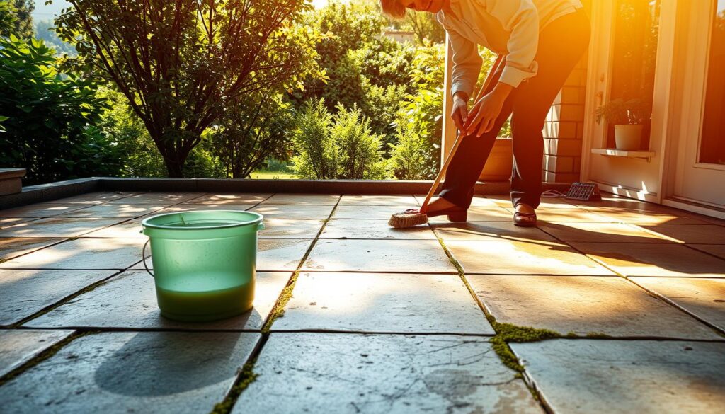 A sun-dappled patio with weathered concrete tiles, streaked with grime and moss. In the foreground, a bucket, scrub brush, and cleaning solution stand ready. The middle ground shows a person, sleeves rolled up, vigorously scrubbing the tiles with a determined expression. In the background, lush greenery frames the scene, casting soft shadows. Warm, natural lighting illuminates the process, highlighting the textures of the tiles and the cleaning tools. The overall mood is one of productive effort, a satisfying task undertaken to restore the patio's former glory. A sun-dappled patio with weathered concrete tiles, streaked with grime and moss. In the foreground, a bucket, scrub brush, and cleaning solution stand ready. The middle ground shows a person, sleeves rolled up, vigorously scrubbing the tiles with a determined expression. In the background, lush greenery frames the scene, casting soft shadows. Warm, natural lighting illuminates the process, highlighting the textures of the tiles and the cleaning tools. The overall mood is one of productive effort, a satisfying task undertaken to restore the patio's former glory.