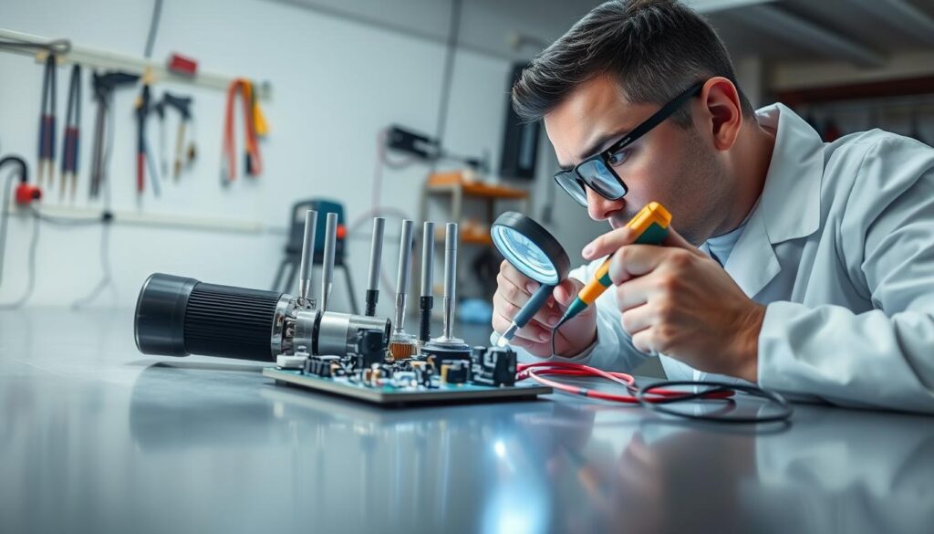 A technician examining a wireless antenna board under a bright, evenly-lit workspace. The board lies on a clean, metal surface, with various tools and test equipment visible in the background, suggesting a professional setting. The technician, wearing a white lab coat, is intently focused on the board, carefully inspecting it with a magnifying glass and a multimeter, trying to diagnose any potential issues. The scene conveys a sense of technical expertise, attention to detail, and a methodical approach to testing and troubleshooting the antenna components.