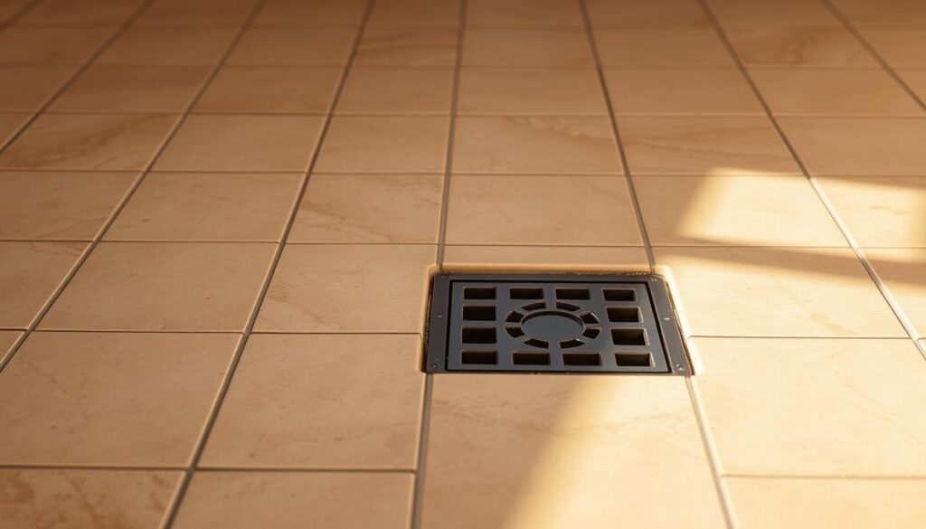 A tiled floor with a noticeable slope leading towards a recessed floor drain. The tiles are expertly laid, with tight, uniform grout lines and a seamless transition to the drain. Warm, indirect lighting casts subtle shadows, highlighting the gradient of the floor. The scene exudes a sense of precision and functionality, reflecting the practical considerations of properly installing tiles with the appropriate drainage incline. The overall impression conveys the importance of a well-executed tile layout for an effective floor drainage system. A tiled floor with a noticeable slope leading towards a recessed floor drain. The tiles are expertly laid, with tight, uniform grout lines and a seamless transition to the drain. Warm, indirect lighting casts subtle shadows, highlighting the gradient of the floor. The scene exudes a sense of precision and functionality, reflecting the practical considerations of properly installing tiles with the appropriate drainage incline. The overall impression conveys the importance of a well-executed tile layout for an effective floor drainage system.