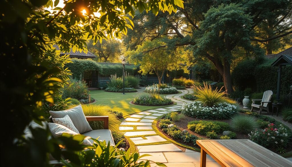 A tranquil garden oasis, bathed in warm, golden light filtering through lush foliage. In the foreground, a cozy seating area invites relaxation, with plush cushions and a wooden bench nestled amongst verdant plants and flowers. The middle ground showcases a meandering stone path, leading the eye through a harmonious arrangement of meticulously tended flower beds and strategically placed garden decor. In the background, a lush canopy of trees creates a sense of seclusion, casting soft shadows and adding depth to the serene composition. The overall atmosphere evokes a peaceful, restorative ambiance, perfectly suited for a tranquil moment of respite.