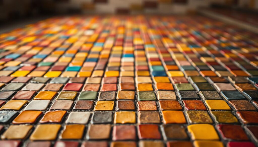 A vibrant array of colored grout lines, meticulously arranged in a visually captivating mosaic pattern. The foreground showcases a diverse palette of hues, ranging from rich, earthy tones to vibrant, saturated shades, seamlessly blending together to create a dynamic and eye-catching composition. The middle ground features a subtle, yet striking, interplay of light and shadow, adding depth and dimension to the overall scene. In the background, a softly blurred and muted environment provides a calming and harmonious backdrop, allowing the vibrant colors of the grout to take center stage. The lighting is soft and diffused, casting a warm, inviting glow and enhancing the textural quality of the materials. The overall atmosphere evokes a sense of thoughtful, artistic design and attention to detail.