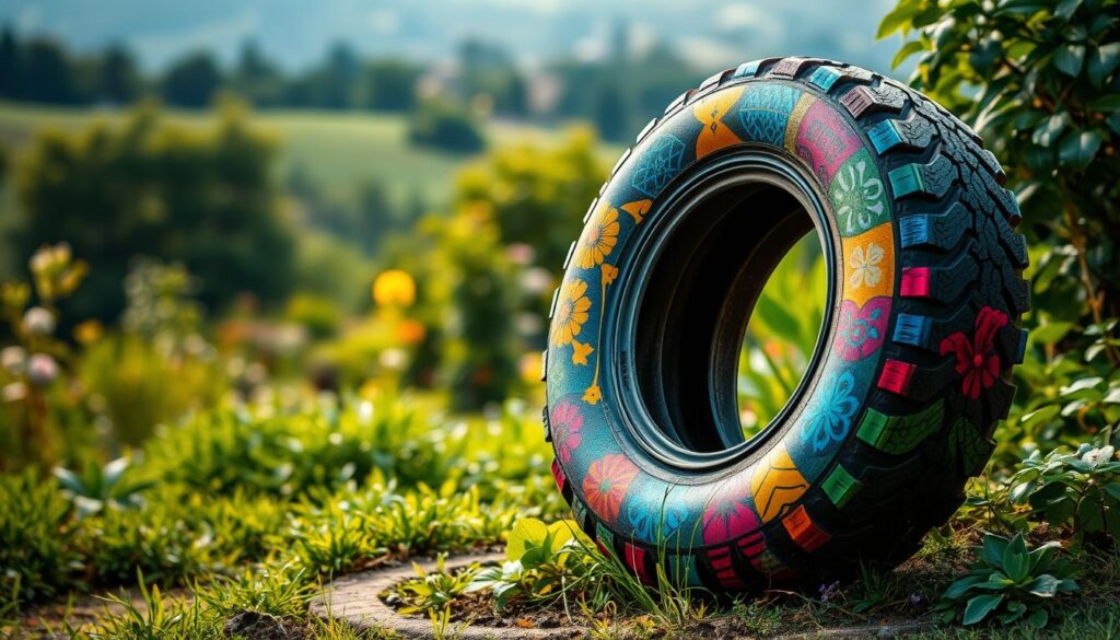 A vibrant, eye-catching tire sits in a lush, verdant garden. The tire's surface is covered in a riot of colorful patterns, ranging from bold geometric designs to delicate floral motifs. The tire appears to have been meticulously hand-painted, with each stroke of the brush adding depth and texture to the overall composition. The lighting is soft and diffused, creating a warm, inviting atmosphere that complements the cheerful palette of the tire. The tire is positioned in the foreground, drawing the viewer's attention, while the background features a hazy, out-of-focus landscape, suggesting a tranquil, peaceful setting. The overall impression is one of creativity, whimsy, and a celebration of the humble tire's potential to be transformed into a work of art, perfectly suited to enhance the beauty of a lush, vibrant garden.