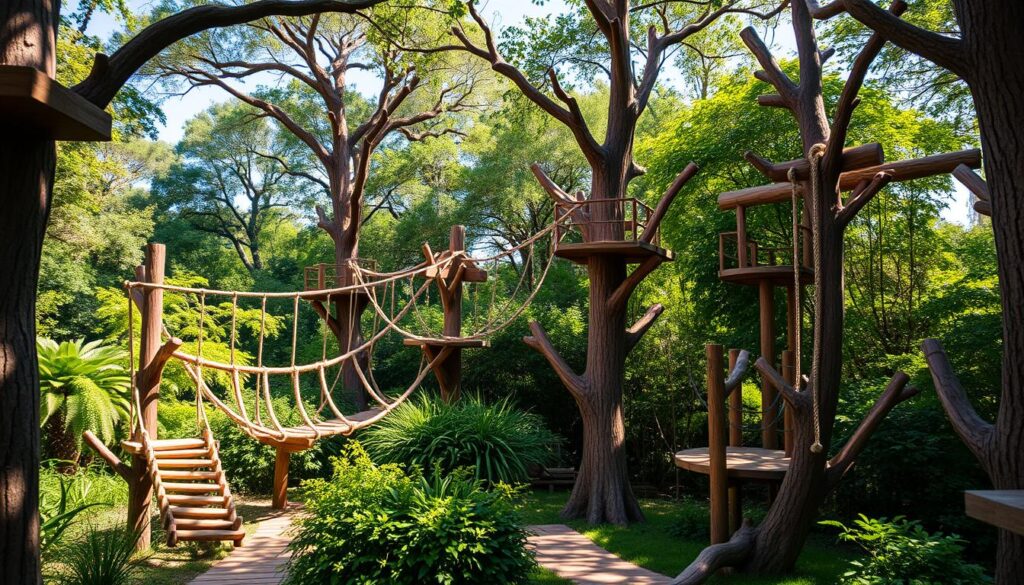 A vibrant, naturalistic scene depicting a classic "monkey playground" or "monkey grove" - a small wooded area with various climbing structures, platforms, and ropes designed to mimic the natural habitat of primates. The foreground showcases the main play structures, such as wooden beams, rope bridges, and sturdy branch-like formations, all arranged in an engaging, three-dimensional layout that invites exploration. The middle ground features lush, verdant foliage, with dense treetops and bushes creating a secluded, forest-like ambiance. The background suggests a sense of depth, with hints of a blue sky peeking through the canopy, casting a warm, dappled lighting over the entire scene. The overall atmosphere evokes a whimsical, adventurous spirit, perfectly suited for a natural play area designed to delight both children and adults alike. A vibrant, naturalistic scene depicting a classic "monkey playground" or "monkey grove" - a small wooded area with various climbing structures, platforms, and ropes designed to mimic the natural habitat of primates. The foreground showcases the main play structures, such as wooden beams, rope bridges, and sturdy branch-like formations, all arranged in an engaging, three-dimensional layout that invites exploration. The middle ground features lush, verdant foliage, with dense treetops and bushes creating a secluded, forest-like ambiance. The background suggests a sense of depth, with hints of a blue sky peeking through the canopy, casting a warm, dappled lighting over the entire scene. The overall atmosphere evokes a whimsical, adventurous spirit, perfectly suited for a natural play area designed to delight both children and adults alike.