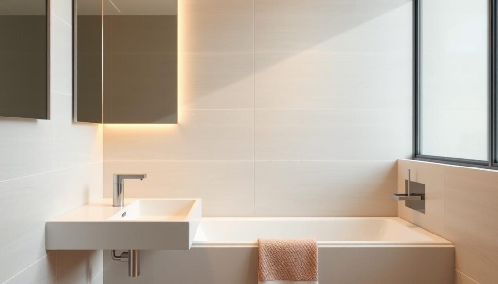 A well-designed bathroom with sleek, modern tiles and a seamless, harmonious grout line. The grout, a soft, light shade, complements the tiles' cool, minimalist aesthetic, creating a visually pleasing and cohesive look. Warm, diffused lighting casts a gentle glow, highlighting the textural interplay between the tile and grout. The overall scene conveys a sense of calm, clean elegance, perfectly suited for the "Zastosowanie fugi w różnych pomieszczeniach" section of the article.
