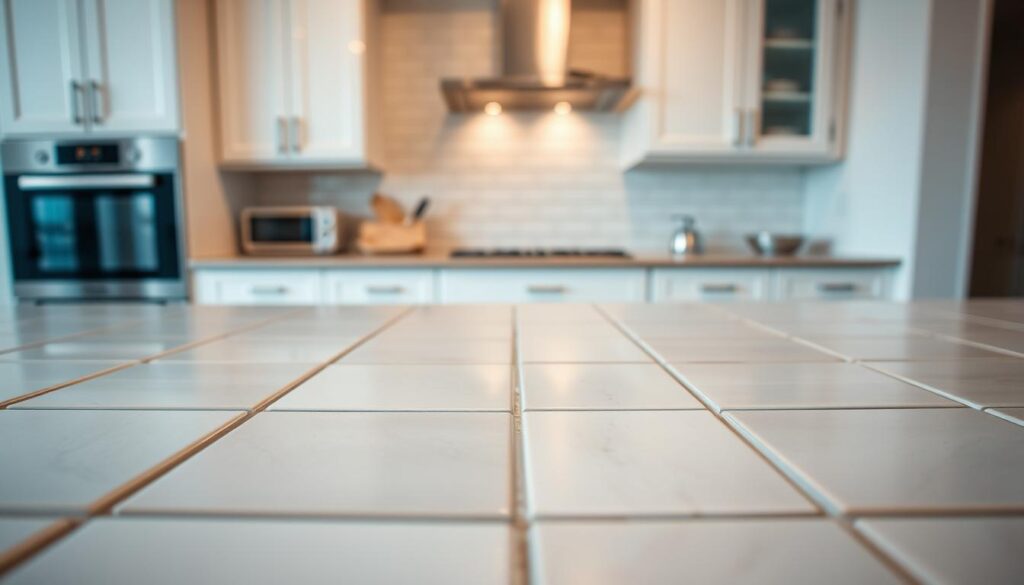 A well-lit and evenly-illuminated kitchen interior, with a focus on a tiled countertop in the foreground. The tiles are arranged in a clean, uniform pattern, showcasing their smooth, glossy finish and subtle variations in color. In the middle ground, a tiled backsplash extends along the wall, with the tiles aligned precisely and expertly installed. The background features additional kitchen elements, such as cabinets and appliances, all in a harmonious, modern design. The overall scene conveys a sense of order, attention to detail, and the professional-level expertise required for a successful tiling project. A well-lit and evenly-illuminated kitchen interior, with a focus on a tiled countertop in the foreground. The tiles are arranged in a clean, uniform pattern, showcasing their smooth, glossy finish and subtle variations in color. In the middle ground, a tiled backsplash extends along the wall, with the tiles aligned precisely and expertly installed. The background features additional kitchen elements, such as cabinets and appliances, all in a harmonious, modern design. The overall scene conveys a sense of order, attention to detail, and the professional-level expertise required for a successful tiling project.